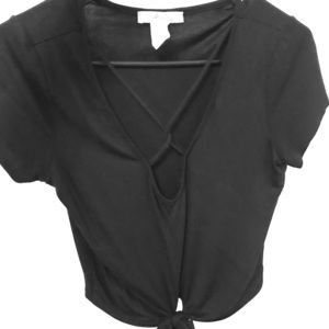 Cropped, tie front tee with low cut front detail